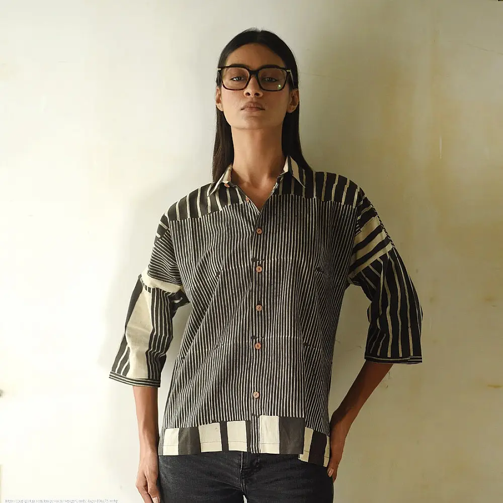 handblock printed pure cotton men shirt in monochrome black and off white vertical pinstripes with contrasting collar and wooden buttons