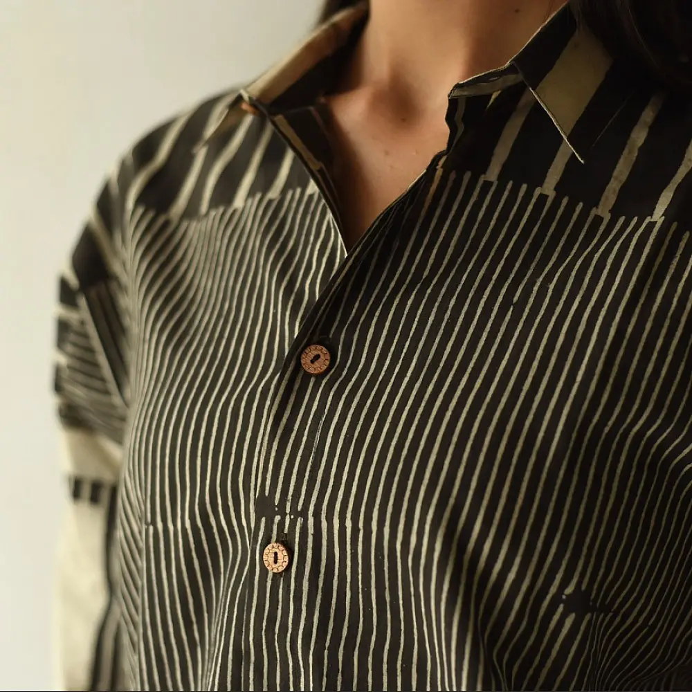 handblock printed pure cotton men shirt in monochrome black and off white vertical pinstripes with contrasting collar and wooden buttons