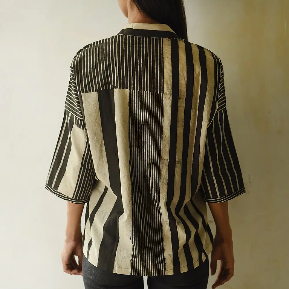 handblock printed pure cotton men shirt in monochrome black and off white vertical pinstripes with contrasting collar and wooden buttons