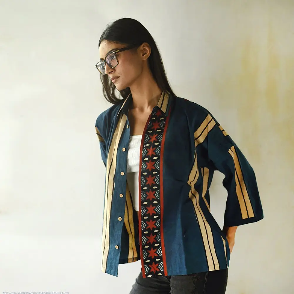 handblock printed men cotton shirt in deep indigo blue with a central geometric star motif panel off white stripes and wooden buttons