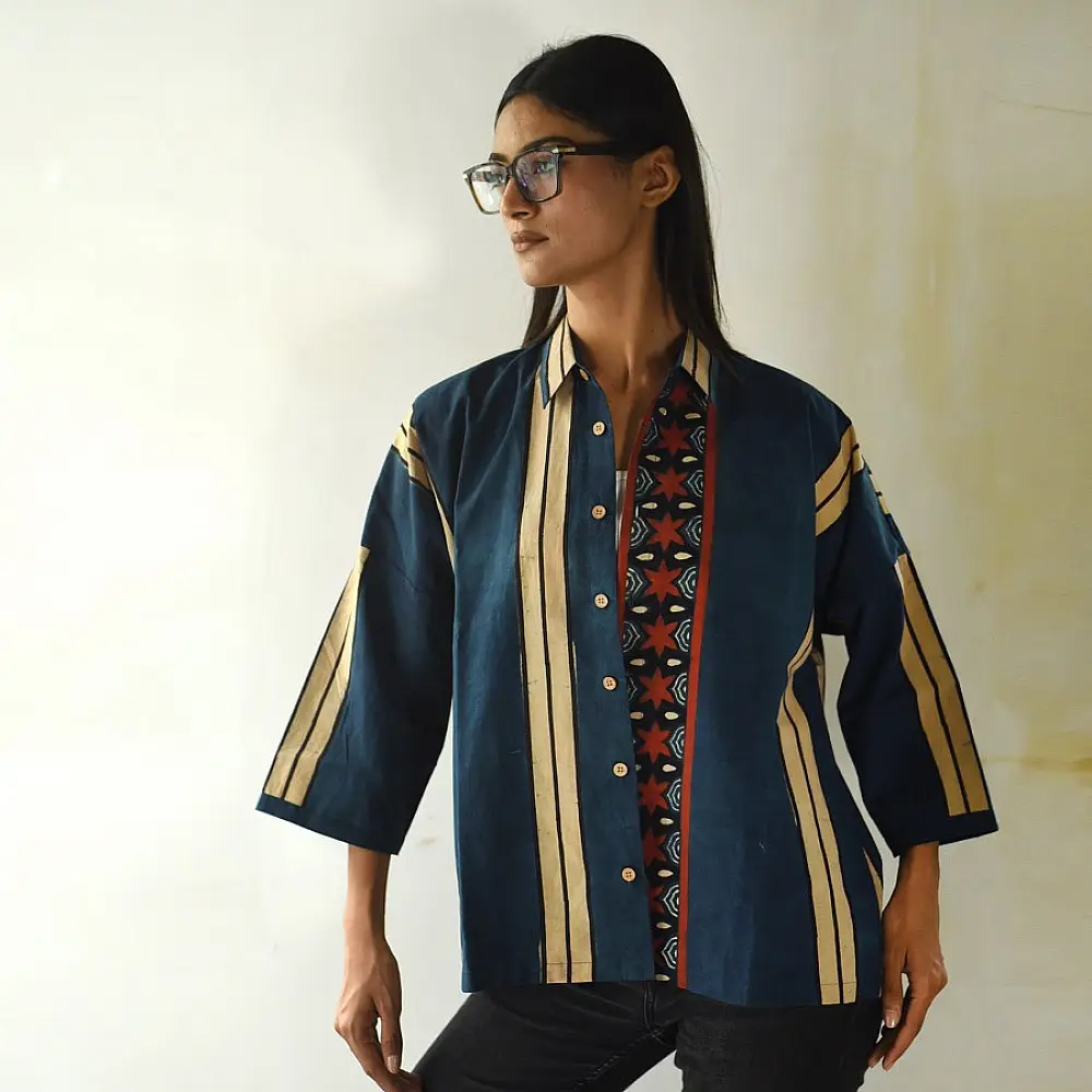 handblock printed men cotton shirt in deep indigo blue with a central geometric star motif panel off white stripes and wooden buttons