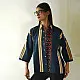 handblock printed men cotton shirt in deep indigo blue with a central geometric star motif panel off white stripes and wooden buttons