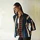 handblock printed men cotton shirt in deep indigo blue with a central geometric star motif panel off white stripes and wooden buttons