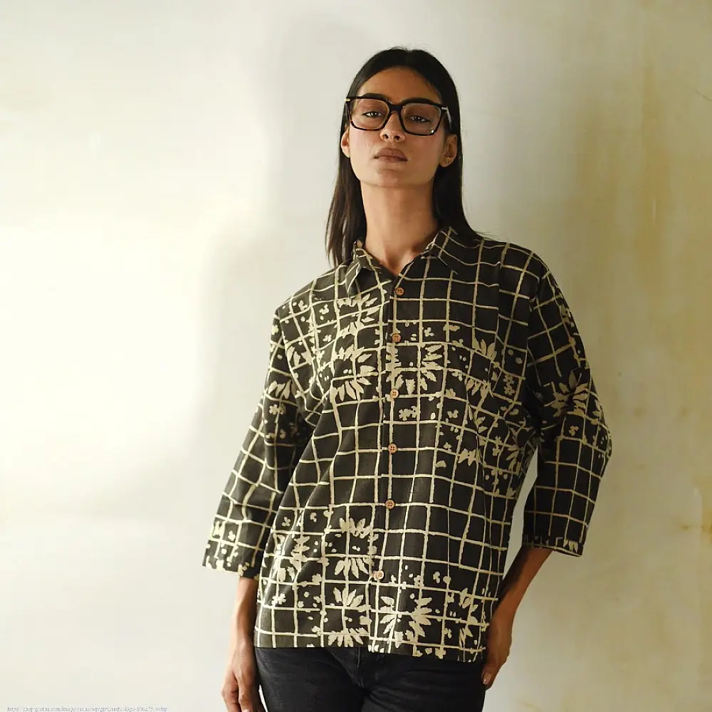 handblock printed breathable pure cotton men shirt in dark brown and cream grid check with stylized floral block print motifs
