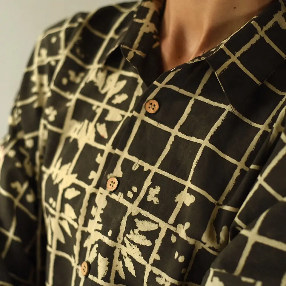 handblock printed breathable pure cotton men shirt in dark brown and cream grid check with stylized floral block print motifs