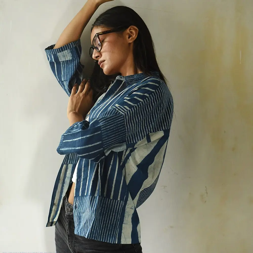 handblock printed men pure cotton shirt in indigo blue featuring asymmetric vertical stripes batik block print and wooden buttons