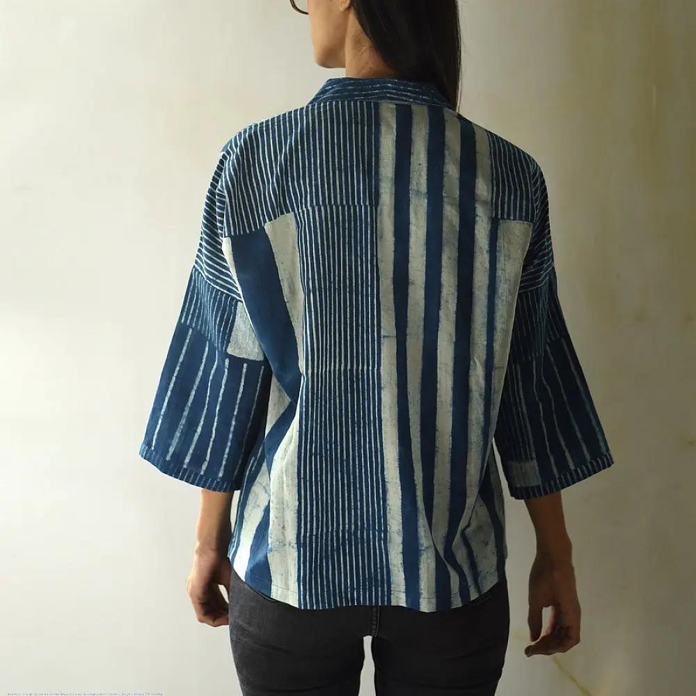 handblock printed men pure cotton shirt in indigo blue featuring asymmetric vertical stripes batik block print and wooden buttons