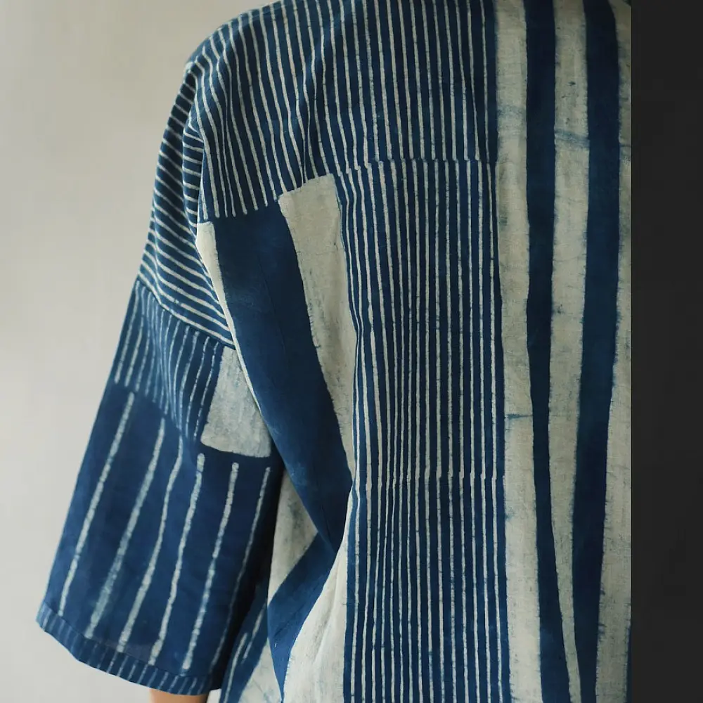 handblock printed men pure cotton shirt in indigo blue featuring asymmetric vertical stripes batik block print and wooden buttons