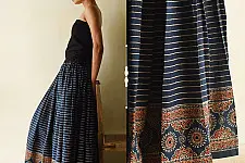 Flowers in a River | Ajrakh Prints Long Skirt / Ghagra With Natural Dyed - Blue Color