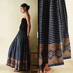 Flowers in a River | Ajrakh Prints Long Skirt / Ghagra With Natural Dyed - Blue Color