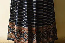 Flowers in a River | Ajrakh Prints Long Skirt / Ghagra With Natural Dyed - Blue Color