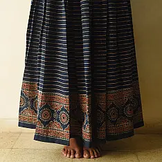 Flowers in a River | Ajrakh Prints Long Skirt / Ghagra With Natural Dyed - Blue Color