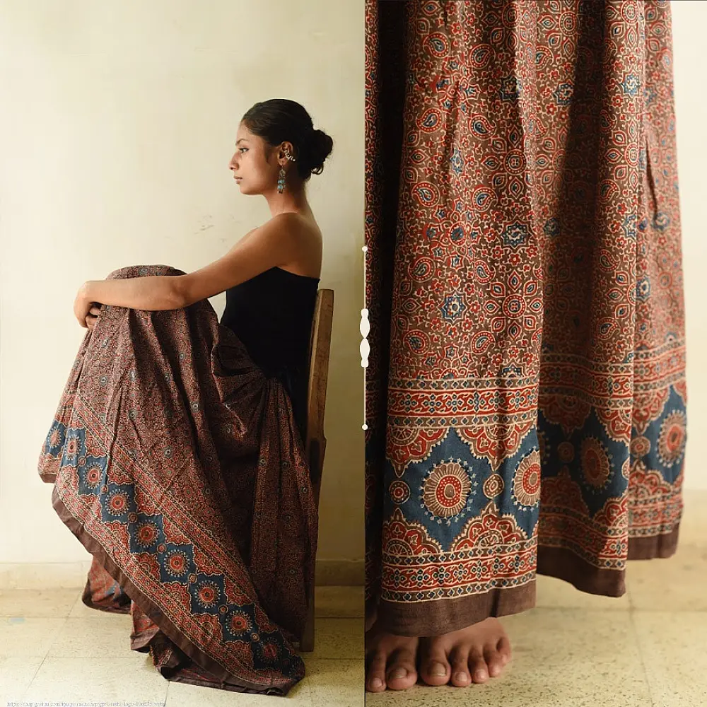 shop Ajrakh Prints Long Skirt / Ghagra With Natural Dyed - Red & Brown