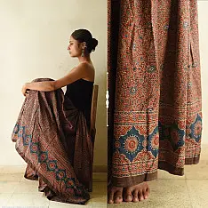 Flowers in a River | Ajrakh Prints Long Skirt / Ghagra With Natural Dyed - Red & Brown