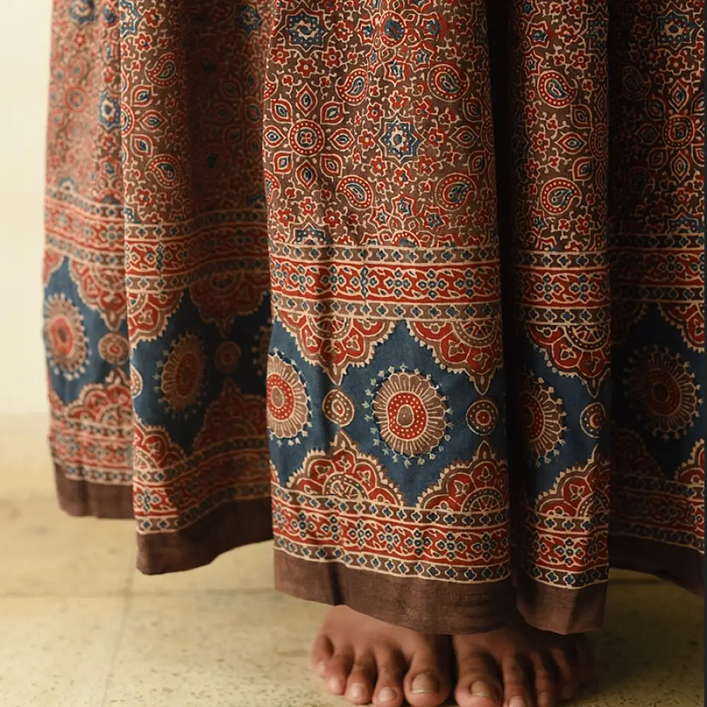 shop Ajrakh Prints Long Skirt / Ghagra With Natural Dyed - Red & Brown