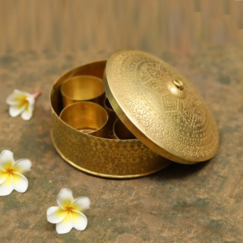 Ahar ✽ Brass ~ Spice Jar - Six jars inside  ( 6 x 6 x 3 Small Masaldaan )