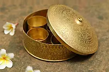 Ahar ✽ Brass ~ Spice box - Six jars inside  ( 6" x 6" x 3" Small Masala Daan ) 