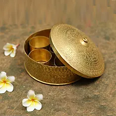 Ahar ✽ Brass ~ Spice box - Six jars inside  ( 6" x 6" x 3" Small Masala Daan ) 