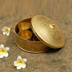 Ahar ✽ Brass ~ Spice box - Six jars inside  ( 6" x 6" x 3" Small Masala Daan ) 