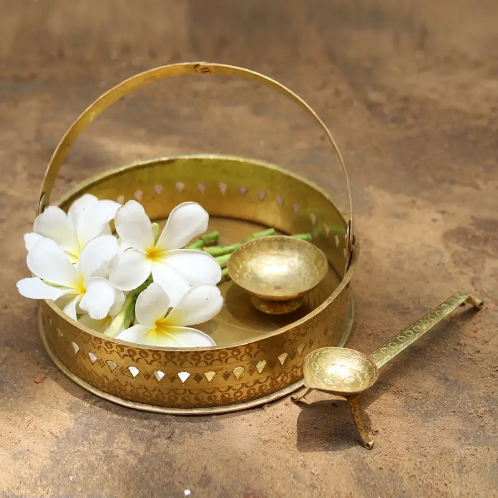 Ahar ✽ Brass ~ Flower Pooja Basket with Diya ( Set of Three ) - 1 ( Round Basket - 6.5 x 6.5 )