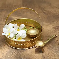 Ahar ✽ Brass ~ Flower Pooja Basket with Diya ( Set of Three ) - 1 ( Round Basket - 6.5" x 6.5" )