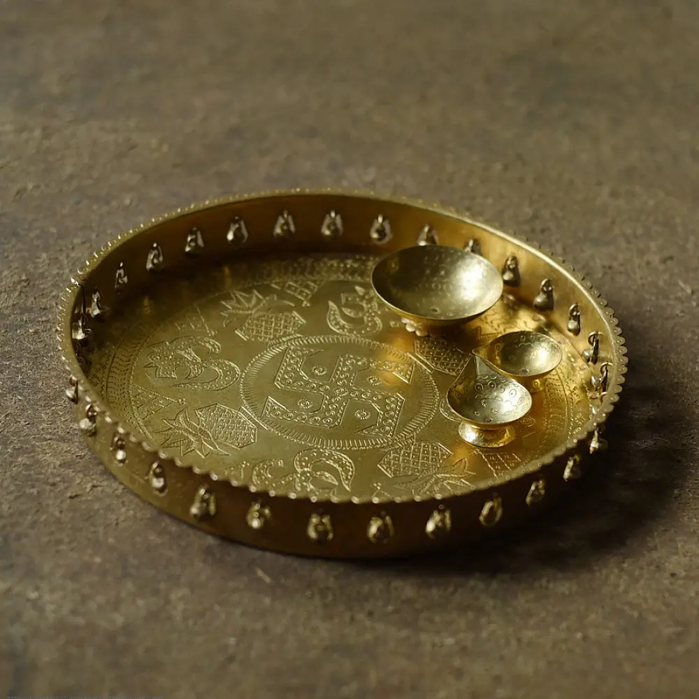 Handcrafted Brass ~ Pooja Thali With Three Diyas