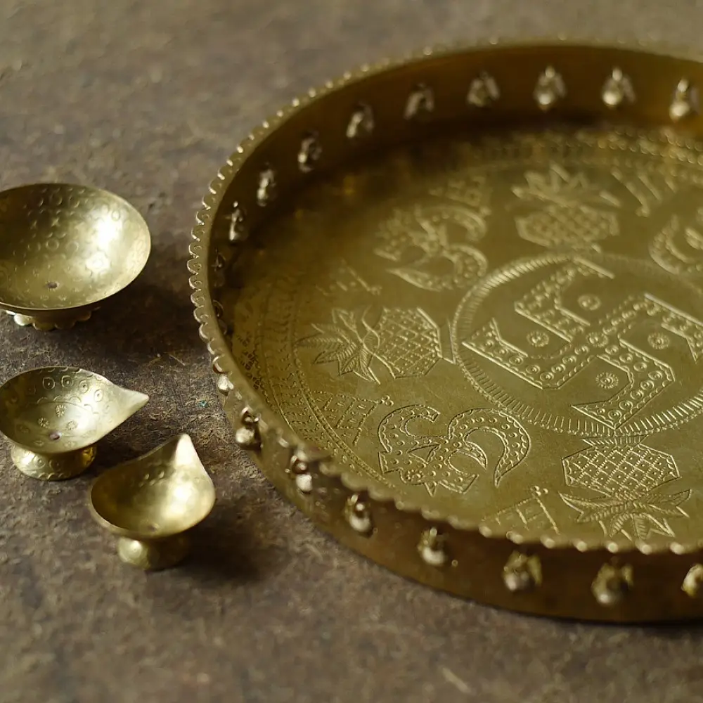 Handcrafted Brass ~ Pooja Thali With Three Diyas