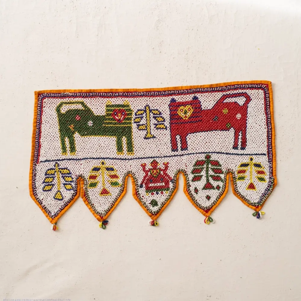 Saurashtra Bead Work - Old & Antique Wall Hanging - Lion Motif Door Toran