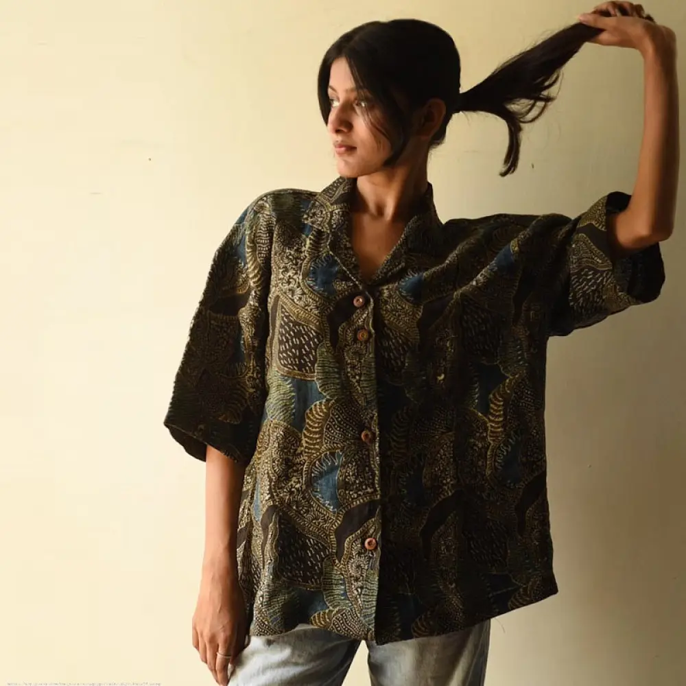 buy Linen Ajrakh printed Shirt - Natural Dyed