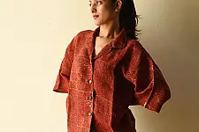 Linen Ajrakh Printed Unisex Shirt With Natural Dye