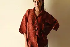 Linen Ajrakh Printed Unisex Shirt With Natural Dye