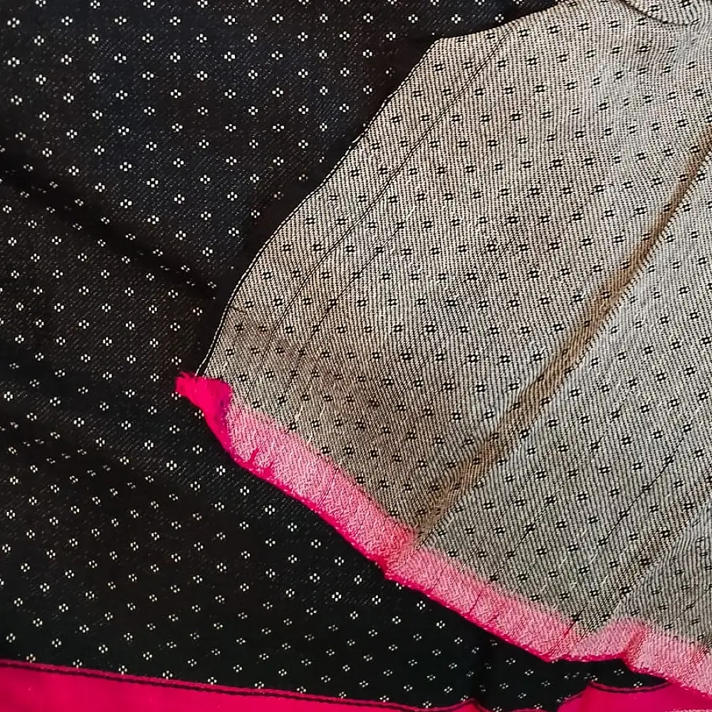 Buy Handloom Mashru Fabric ( Per meter ) ✧ Black Fabric with White Dots