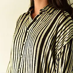 Itr . इत्र | Ajrakh Printed Modal Silk Shirt - Black & Blue Stripes 11