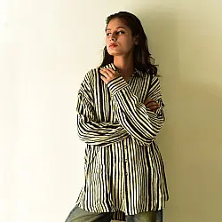 Itr . इत्र | Ajrakh Printed Modal Silk Shirt - Black & Blue Stripes 11