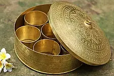 Ahar ✽ Brass ~ Spice Jar - Seven jars inside  (7.5" x 7.5" x 4" Big Masaldaan)