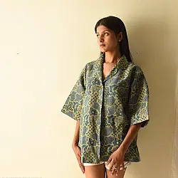 Linen Ajrakh Printed Indigo Shirt - Natural Dyed