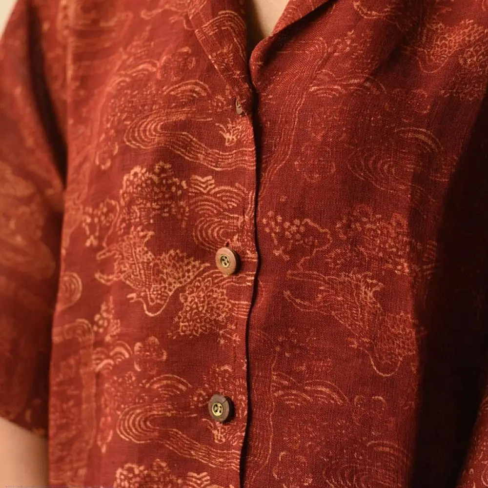 buy Linen Ajrakh Printed Red Unisex Shirt - Natural Dyed