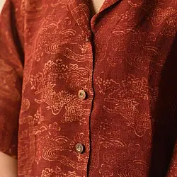 Linen Ajrakh Printed Red Unisex Shirt - Natural Dyed