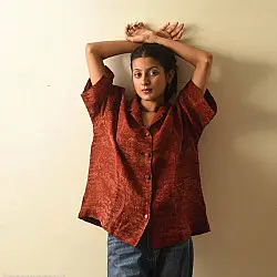 Linen Ajrakh Printed Red Unisex Shirt - Natural Dyed