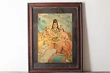 Memory Lines | Indian Antique Print |Shiv-Parvati (Ravi Verma Press | With Frame) 