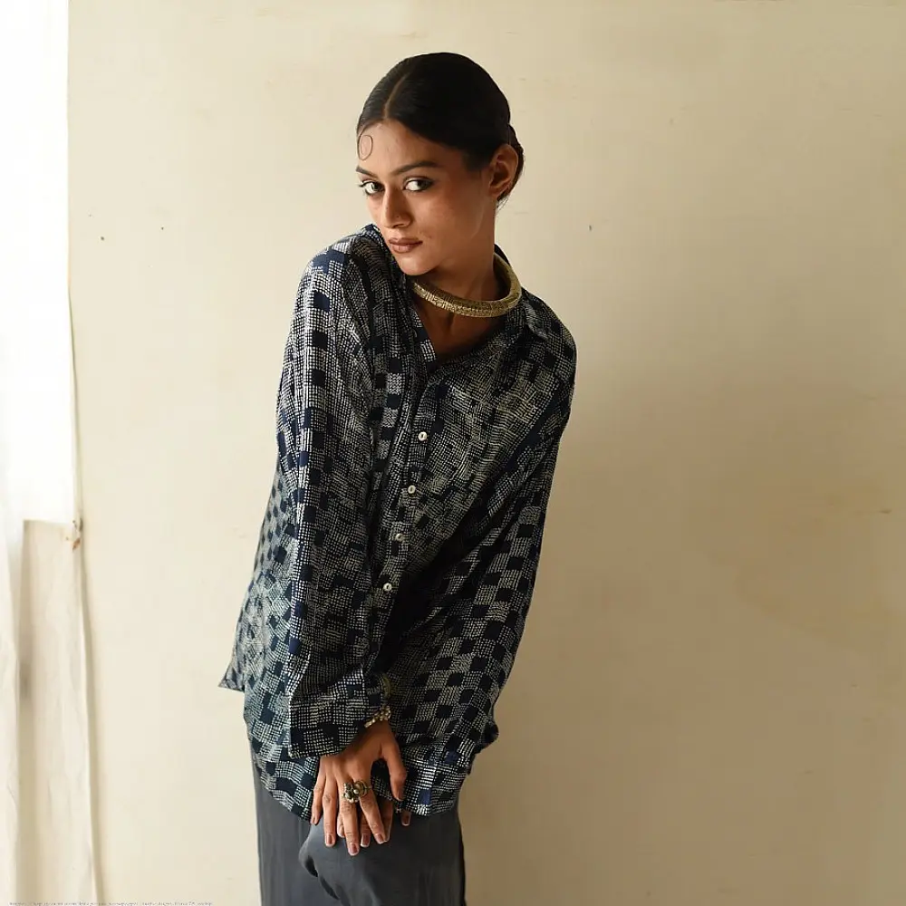 deep indigo blue and gray ajrakh cotton shirt checkered square block print hand block printed relaxed fit artisanal shirt men women unisex sustainable fashion