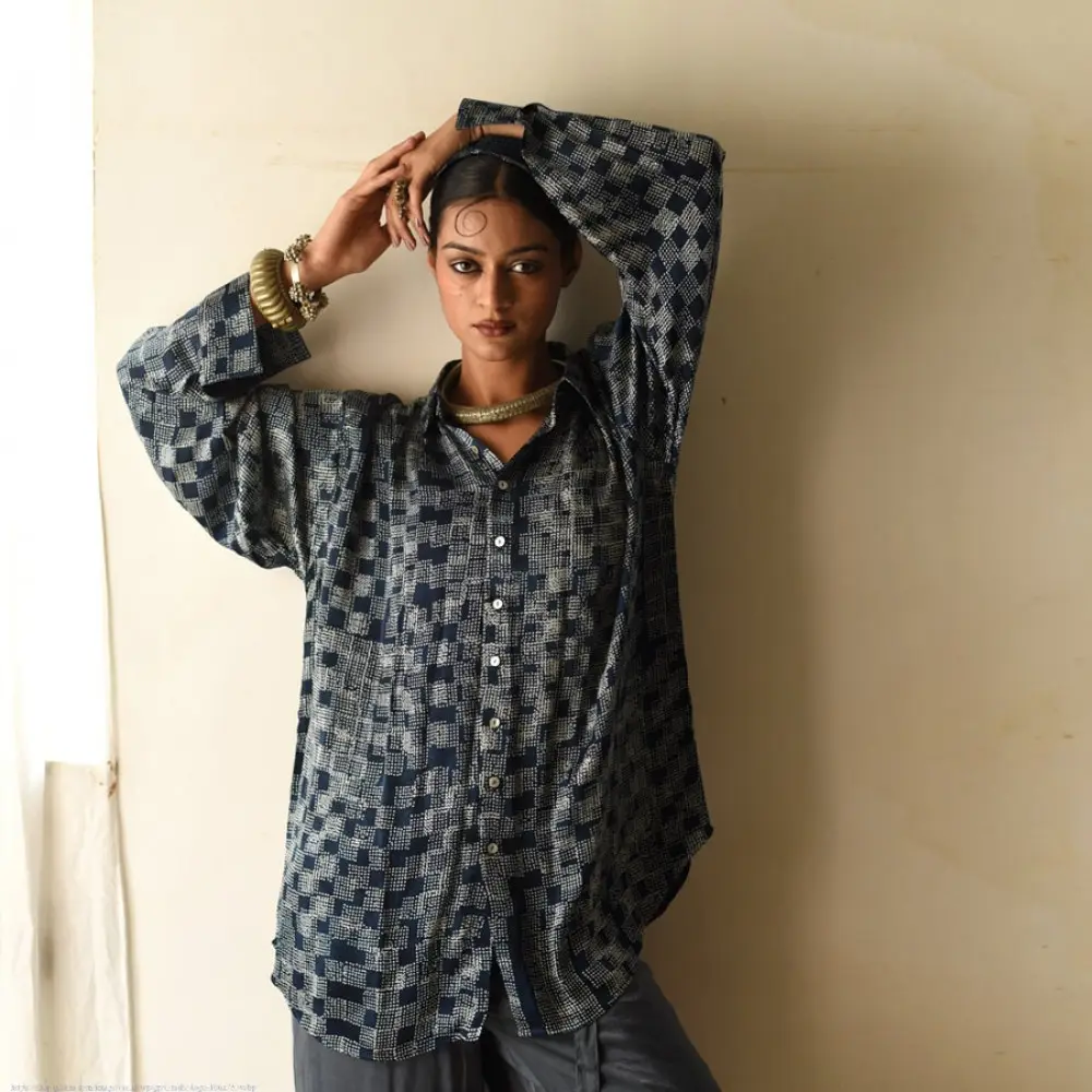 deep indigo blue and gray ajrakh cotton shirt checkered square block print hand block printed relaxed fit artisanal shirt men women unisex sustainable fashion