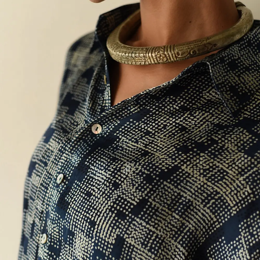 deep indigo blue and gray ajrakh cotton shirt checkered square block print hand block printed relaxed fit artisanal shirt men women unisex sustainable fashion