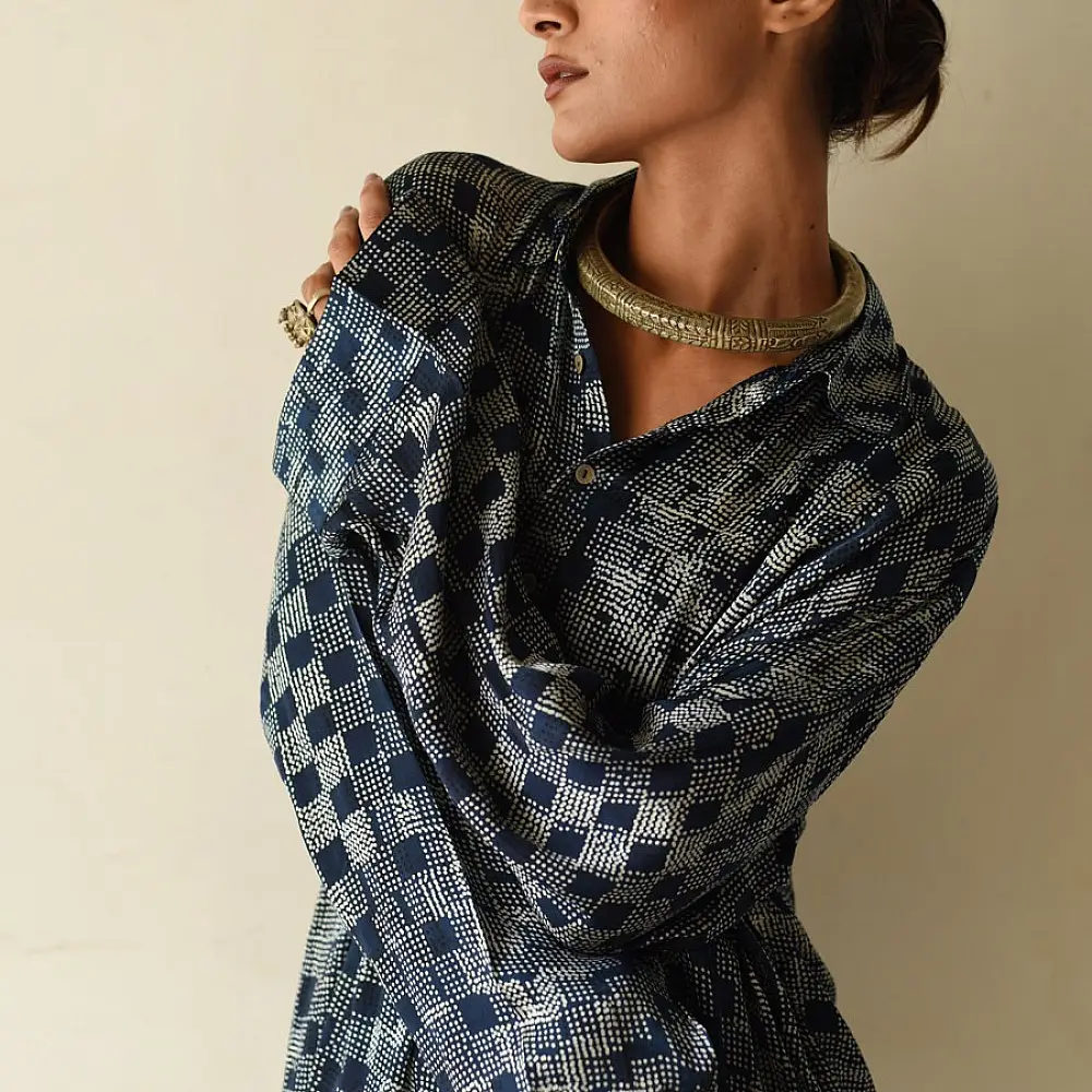 deep indigo blue and gray ajrakh cotton shirt checkered square block print hand block printed relaxed fit artisanal shirt men women unisex sustainable fashion