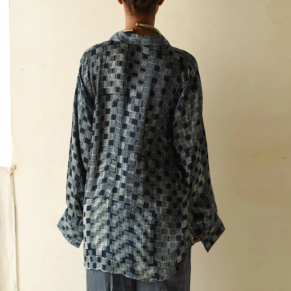 deep indigo blue and gray ajrakh cotton shirt checkered square block print hand block printed relaxed fit artisanal shirt men women unisex sustainable fashion