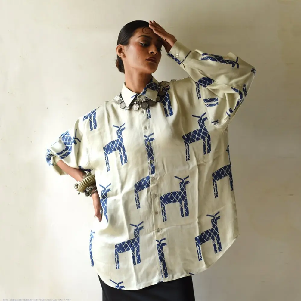 cream and indigo ajrakh cotton shirt bold deer animal motif block print hand block printed relaxed fit figurative shirt men women unisex sustainable fashion