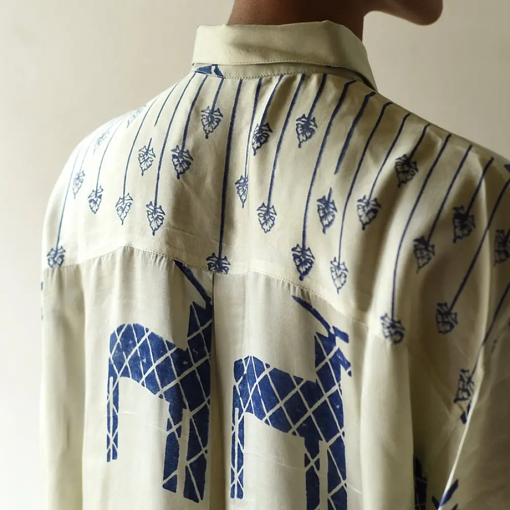 cream and indigo ajrakh cotton shirt bold deer animal motif block print hand block printed relaxed fit figurative shirt men women unisex sustainable fashion