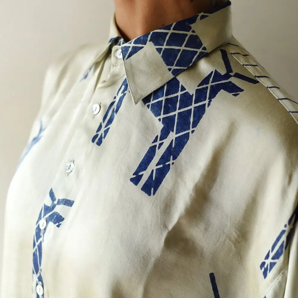 cream and indigo ajrakh cotton shirt bold deer animal motif block print hand block printed relaxed fit figurative shirt men women unisex sustainable fashion