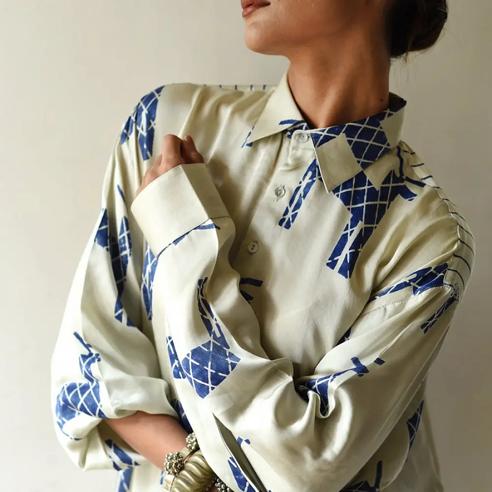 cream and indigo ajrakh cotton shirt bold deer animal motif block print hand block printed relaxed fit figurative shirt men women unisex sustainable fashion