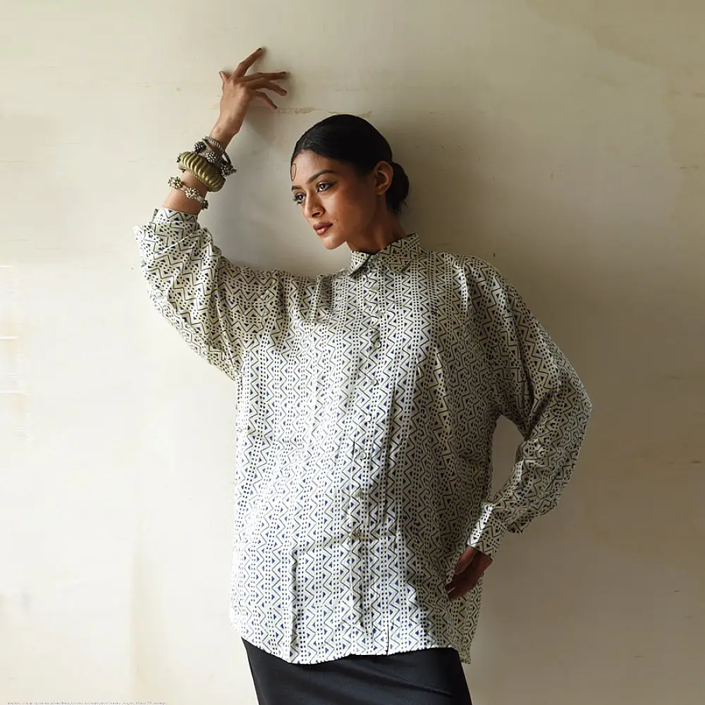 cream and indigo ajrakh cotton shirt geometric maze jaal block print hand block printed relaxed fit artisanal shirt men women unisex sustainable fashion